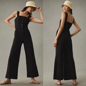 Maeve Anthropologie The Colette Black Button Front Wide Leg Jumpsuit Size 2